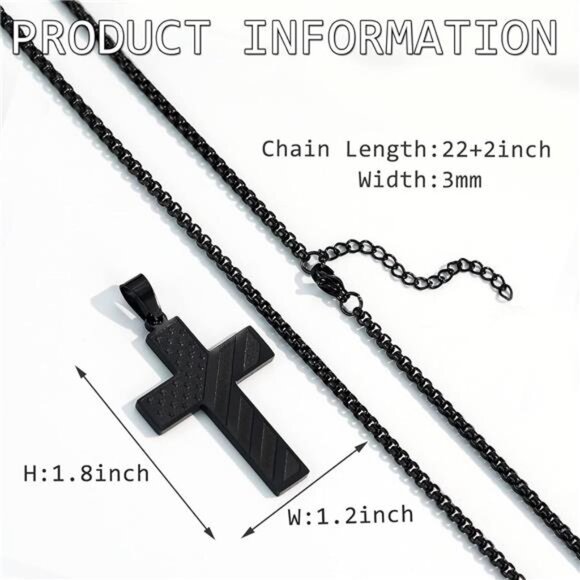BLACK American Flag GOD Cross Necklace Men Stainless Steel Box Chain 22+2 inch - Picture 3 of 7